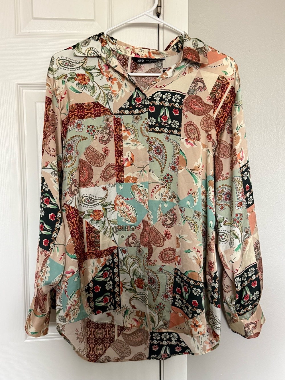 Zara Patchwork Paisley Button-Up Blouse - Multicolor satin